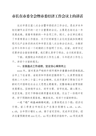 市长在市委全会暨市委经济工作会议上的讲话