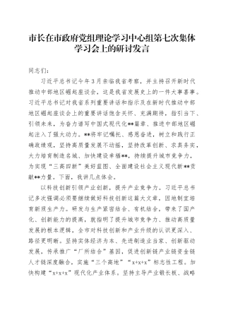 市长在市政府党组理论学习中心组第七次集体学习会上的研讨发言