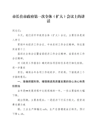 市长在市政府第一次全体（扩大）会议上的讲话