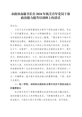 市政府办秘书长在2024年机关青年党员干部政治能力提升培训班上的讲话