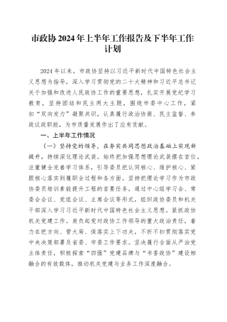 市政协2024年上半年工作报告及下半年工作计划