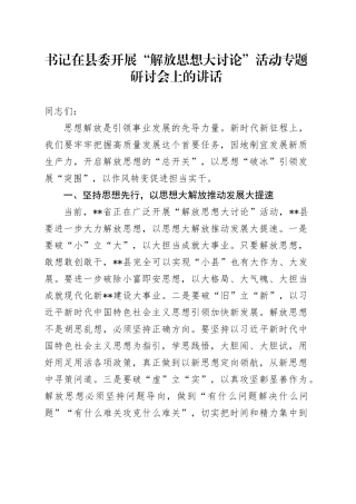 书记在县委开展“解放思想大讨论”活动专题研讨会上的讲话