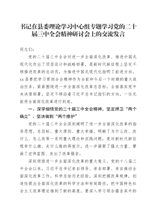 书记在县委理论学习中心组专题学习党的二十届三中全会精神研讨会上的交流发言