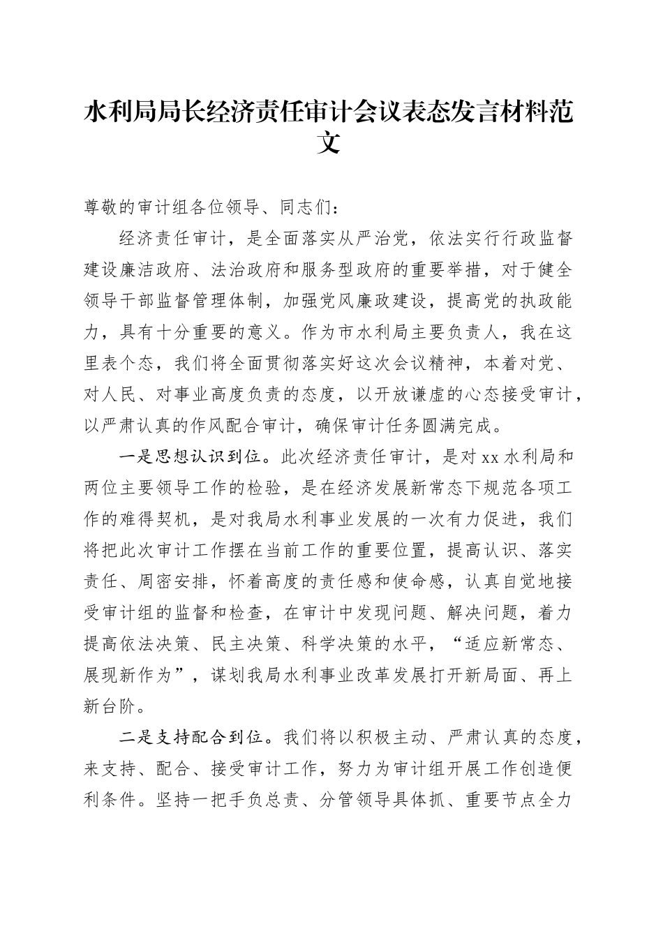 水利局局长经济责任审计会议表态发言材料20240129_第1页