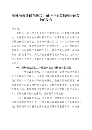 税务局领导在党的二十届三中全会精神研讨会上的发言