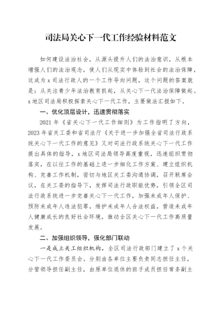 司法单位关心下一代工作经验材料总结汇报报告20240417