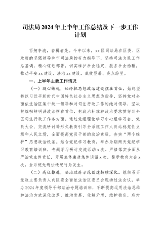 司法局2024年上半年工作总结及下一步工作计划