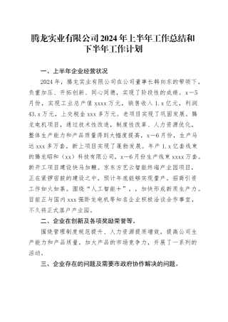 腾龙实业有限公司2024年上半年工作总结和下半年工作计划