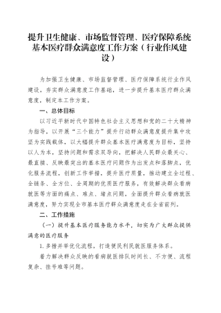 提升卫生健康、市场监督管理、医疗保障系统基本医疗群众满意度工作方案（行业作风建设）