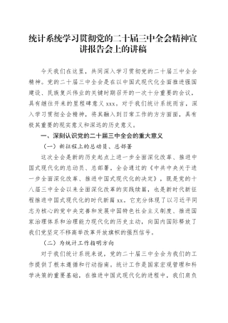 统计系统学习贯彻党的二十届三中全会精神宣讲报告会上的讲稿