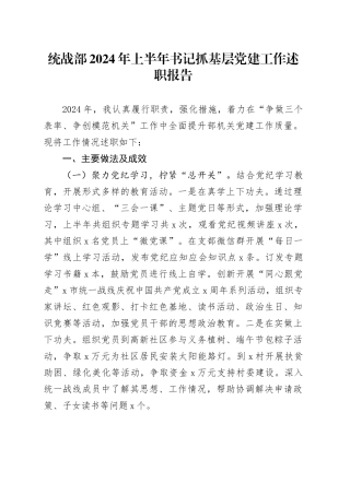 统战部2024年上半年书记抓基层党建工作述职报告20240724