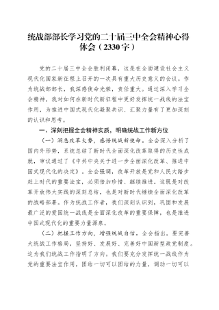 统战部部长学习党的二十届三中全会精神心得体会（2330字）