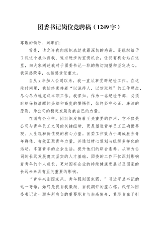 团委书记岗位竞聘稿（1249字）