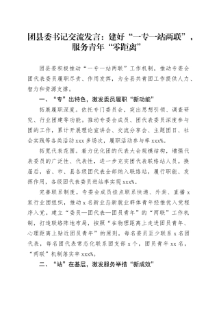 团县委书记交流发言：建好“一专一站两联”，服务青年“零距离”