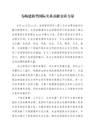 为构建新型国际关系贡献金砖力量