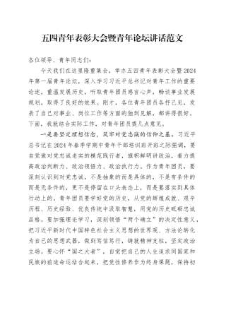 五四青年表彰大会暨青年论坛讲话20240426