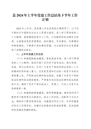 县2024年上半年党建工作总结及下半年工作计划