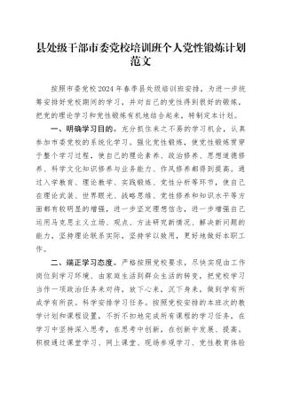 县处级干部市委党校培训班个人党性锻炼计划20240401