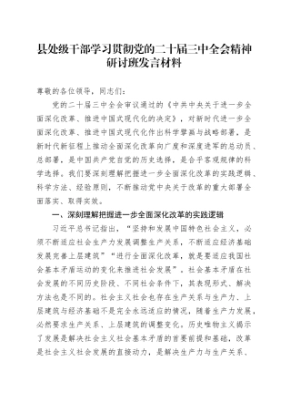 县处级干部学习贯彻党的二十届三中全会精神研讨班发言材料心得体会20240925