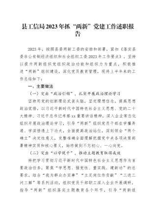 县工信局2023年抓“两新”党建工作述职报告