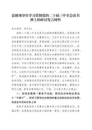 县级领导在学习贯彻党的二十届三中全会读书班上的研讨发言材料心得体会20241009