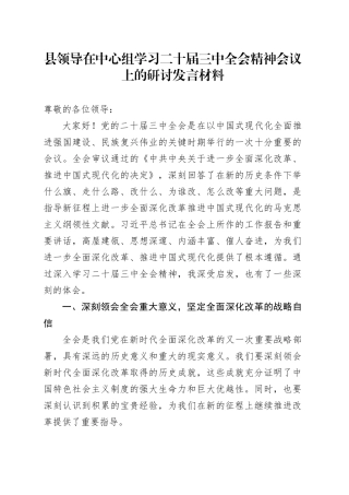 县领导在中心组学习二十届三中全会精神会议上的研讨发言材料心得体会交流讲话20240807
