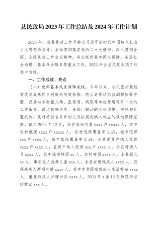 县民政局2023年工作总结及2024年工作计划（20240130）