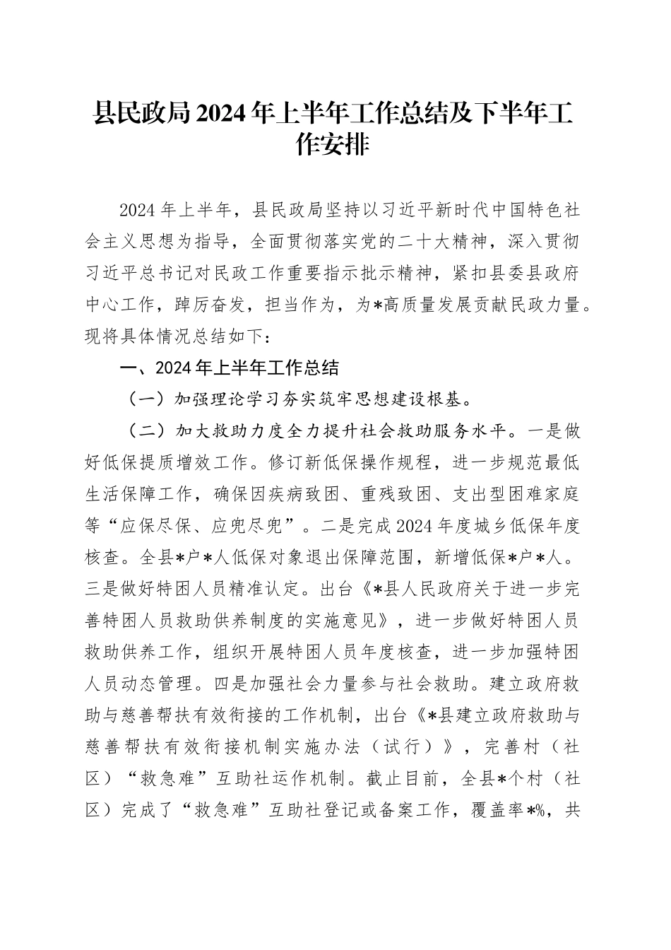县民政局2024年上半年工作总结及下半年工作安排_第1页