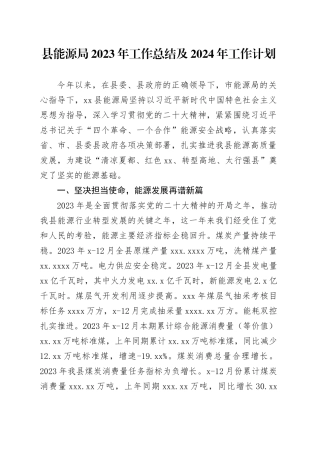 县能源局2023年工作总结及2024年工作计划（20240125）