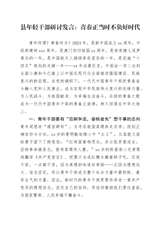 县年轻干部研讨发言：青春正当时 不负好时代