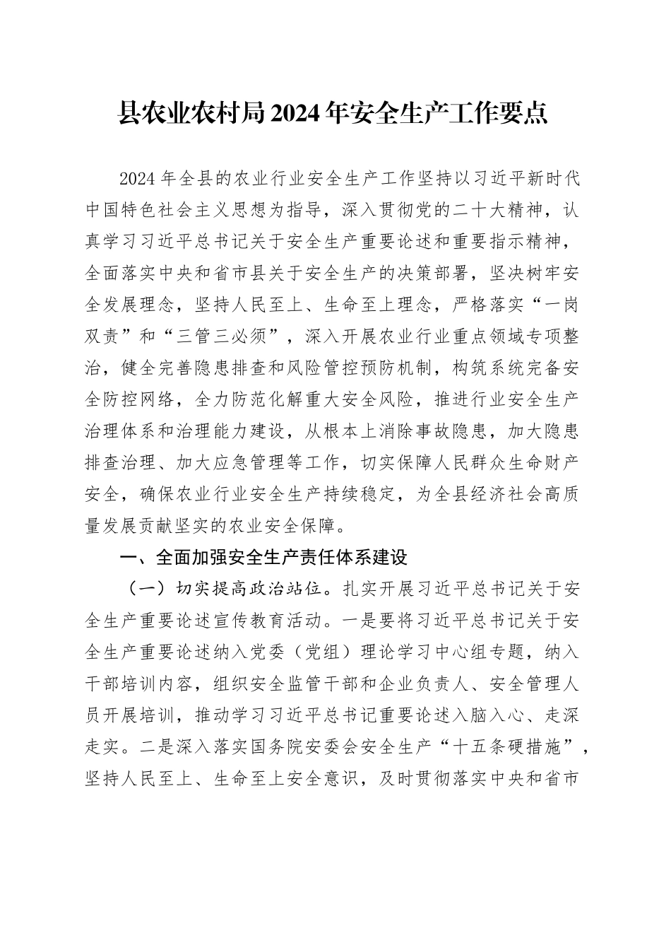 县农业农村局2024年安全生产工作要点（20240410）_第1页