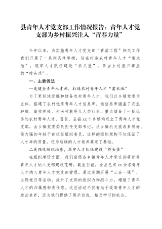 县青年人才党支部工作情况报告：青年人才党支部为乡村振兴注入“青春力量”