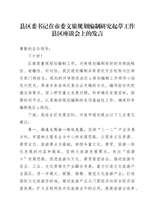 县区委书记在市委文旅规划编制研究起草工作县区座谈会上的发言