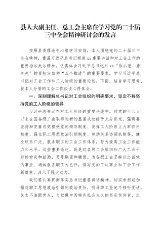 县人大副主任、总工会主席在学习党的二十届三中全会精神研讨会的发言
