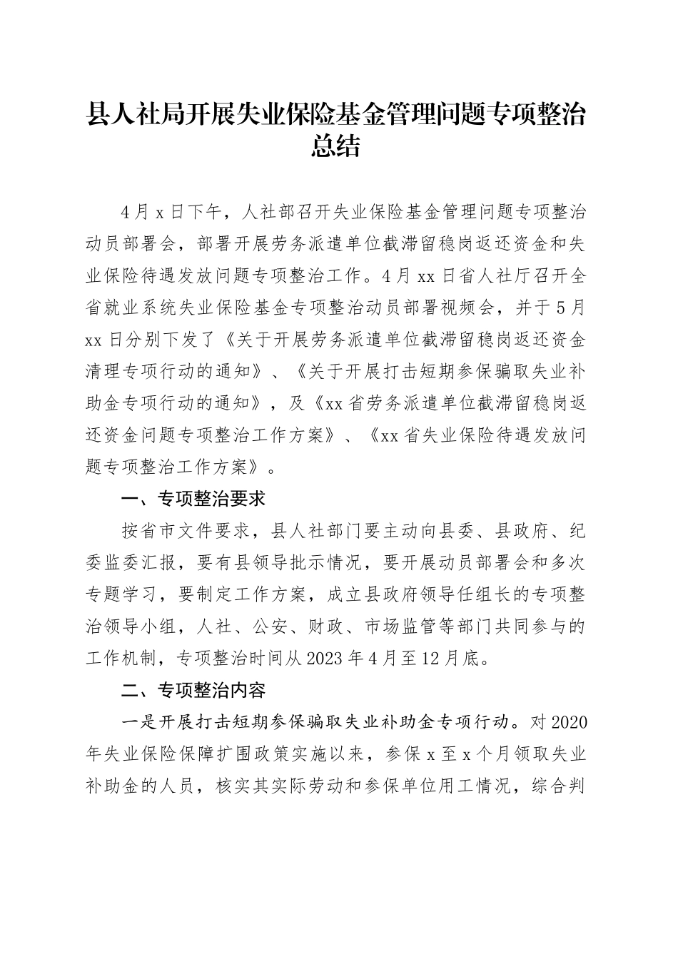县人社局开展失业保险基金管理问题专项整治总结_第1页