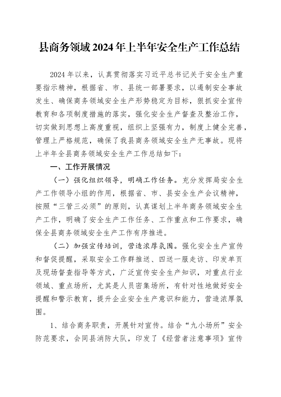 县商务领域2024年上半年安全生产工作总结_第1页