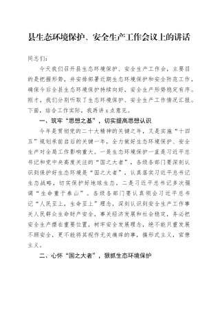县生态环境保护、安全生产工作会议上的讲话