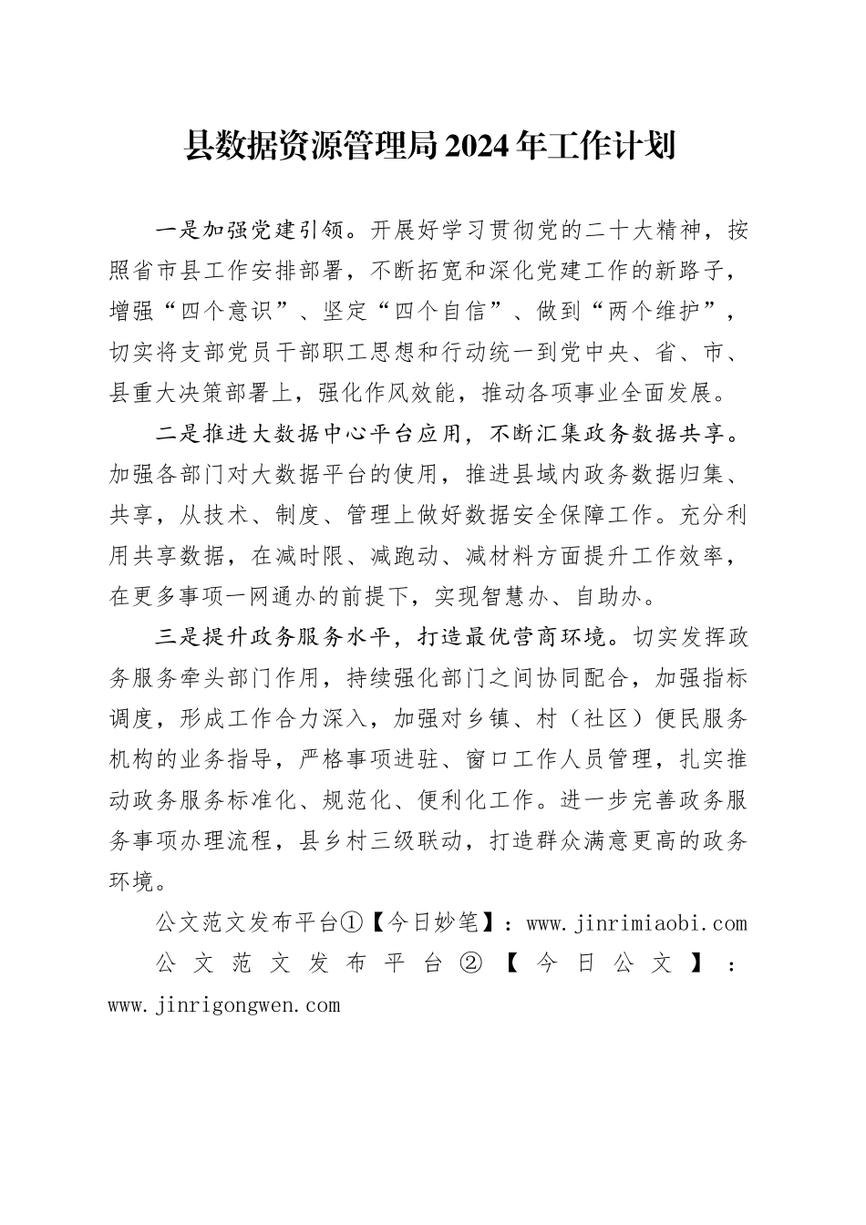 县数据资源管理局2024年工作计划（20240322）_第1页