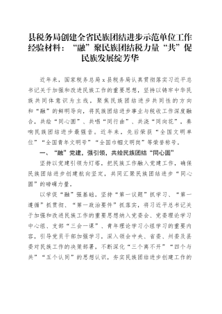 县税务局创建全省民族团结进步示范单位工作经验材料：“融”聚民族团结税力量 “共”促民族发展绽芳华