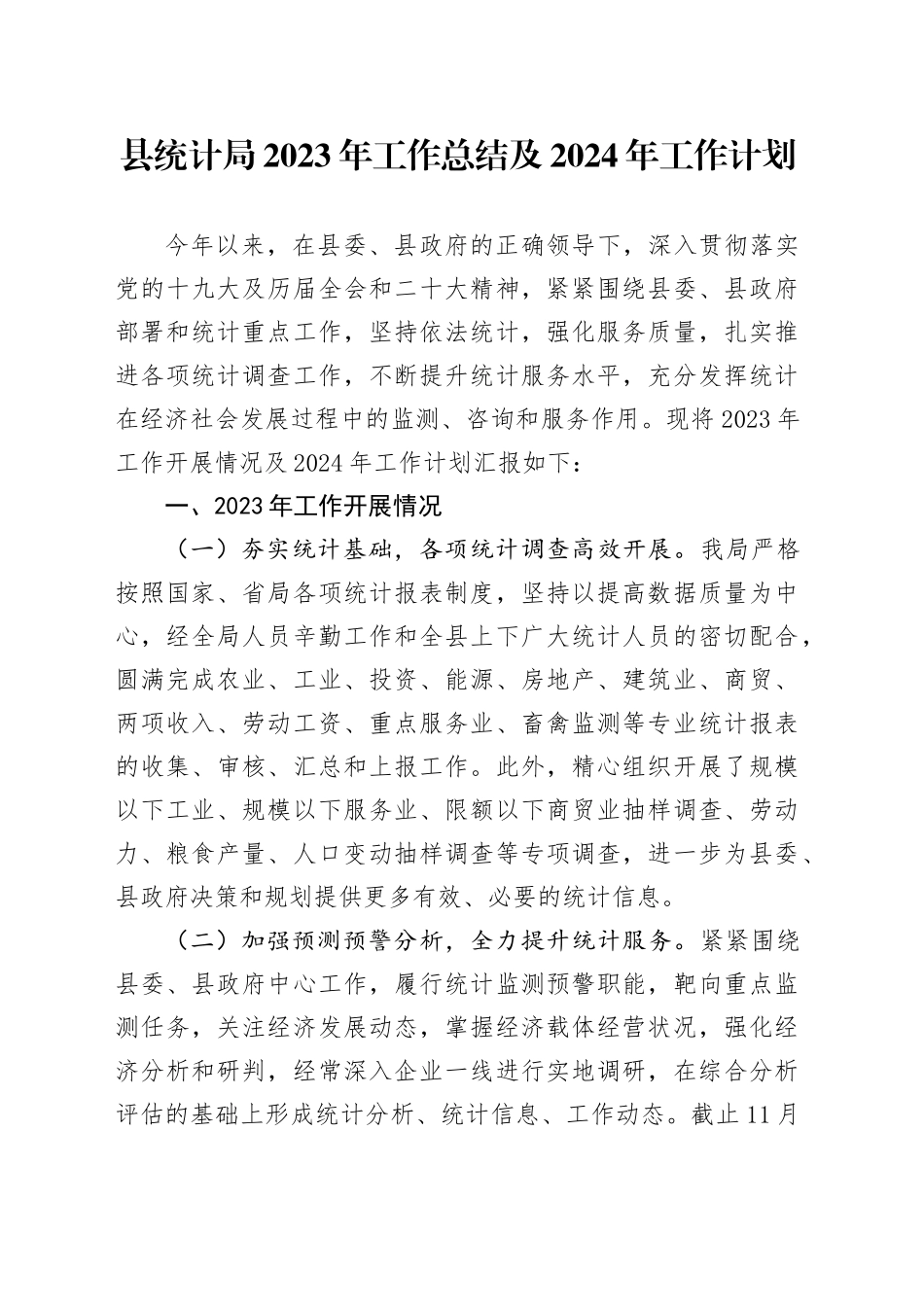 县统计局2023年工作总结及2024年工作计划（20240125）_第1页