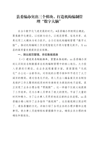 县委编办突出三个模块，打造机构编制管理“数字大脑”