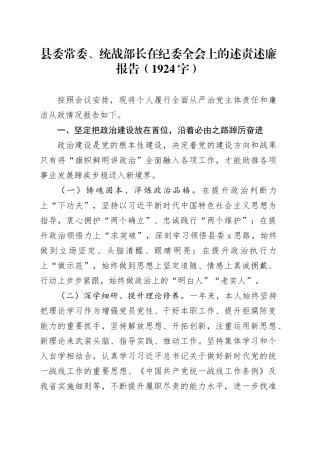 县委常委、统战部长在纪委全会上的述责述廉报告