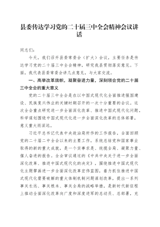 县委传达学习党的二十届三中全会精神会议讲话20240726