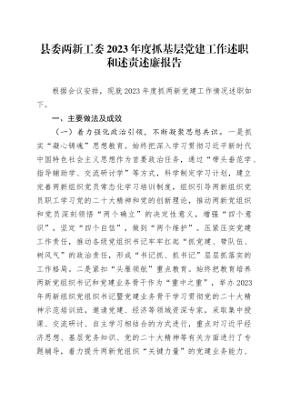 县委两新工委2023年度抓基层党建工作述职和述责述廉报告