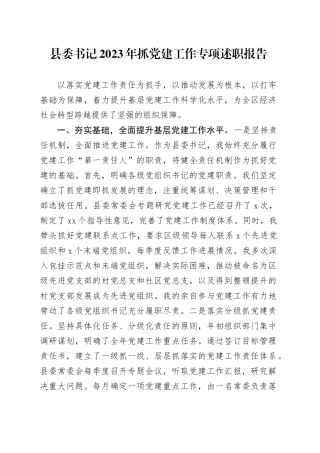 县委书记2023年抓党建工作专项述职报告（2）