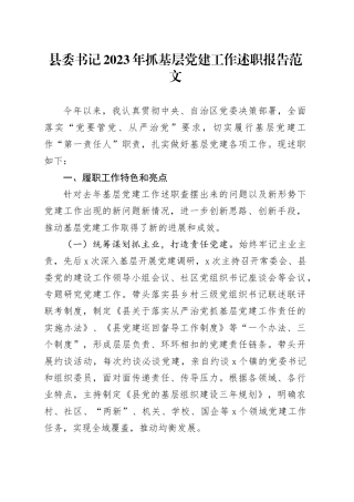 县委书记2023年抓基层党建工作述职报告20240306