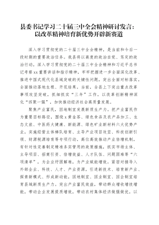 县委书记学习二十届三中全会精神研讨发言：以改革精神培育新优势开辟新赛道