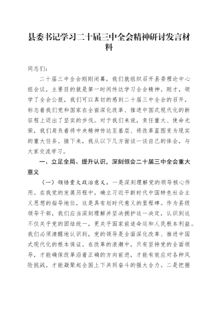 县委书记学习二十届三中全会精神研讨发言材料心得体会20240726