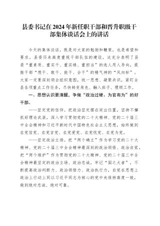 县委书记在2024年新任职干部和晋升职级干部集体谈话会上的讲话
