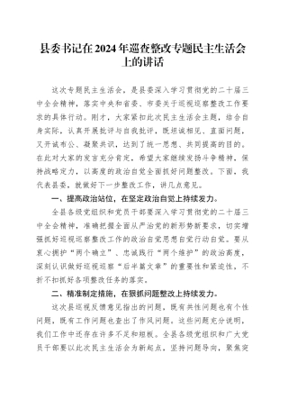县委书记在2024年巡查整改专题民主生活会上的讲话